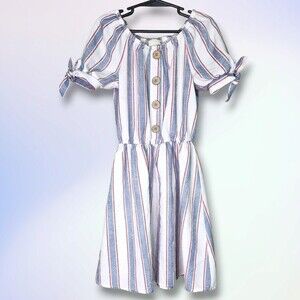 Lily Bleu Size 7 Blue and Red Striped Button Detail Dress